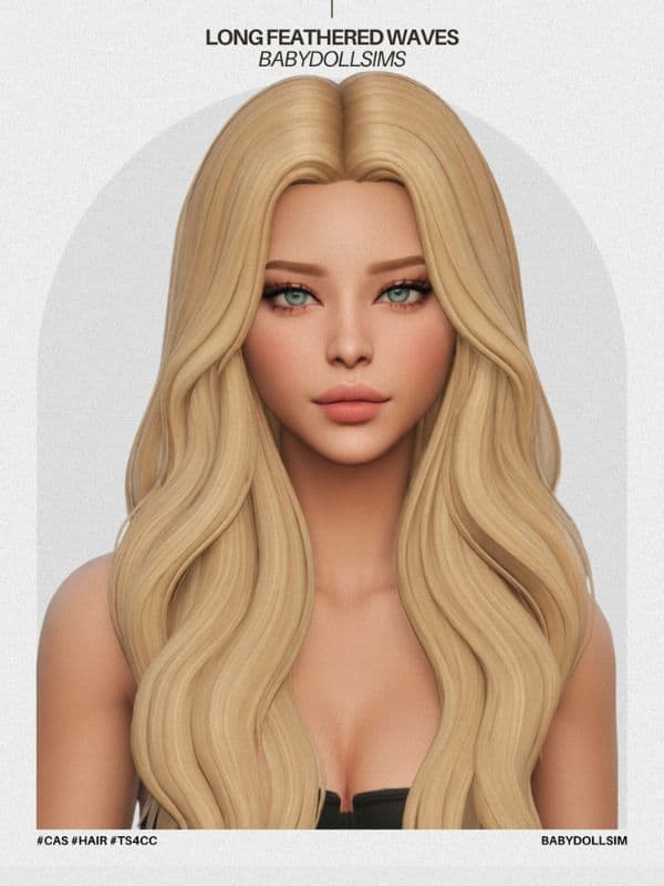 blonde female Sim with a middle part, and long feathered waves