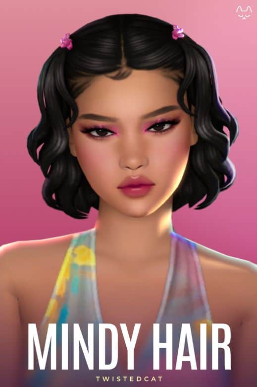 female Sim with a bob hairstyle with pink hair clips