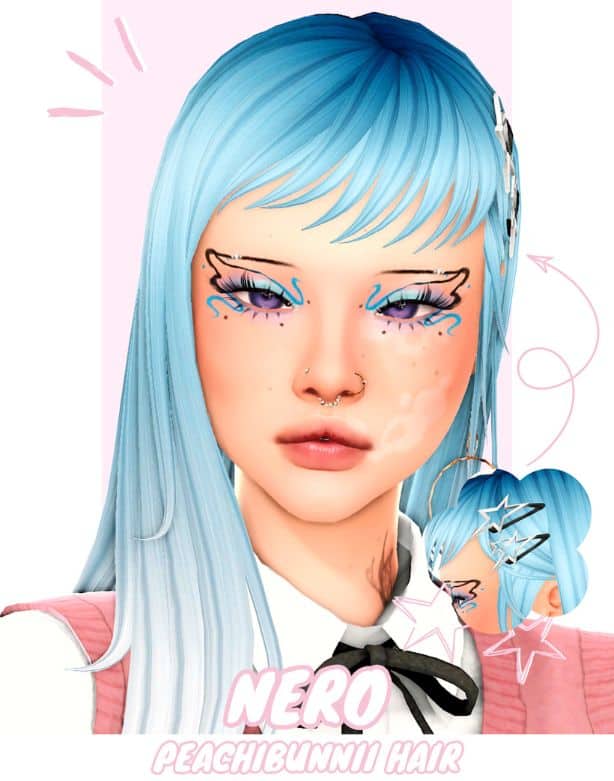 Female Sim with a long straight layered blue hair with wispy bangs and star hair clip accessories.