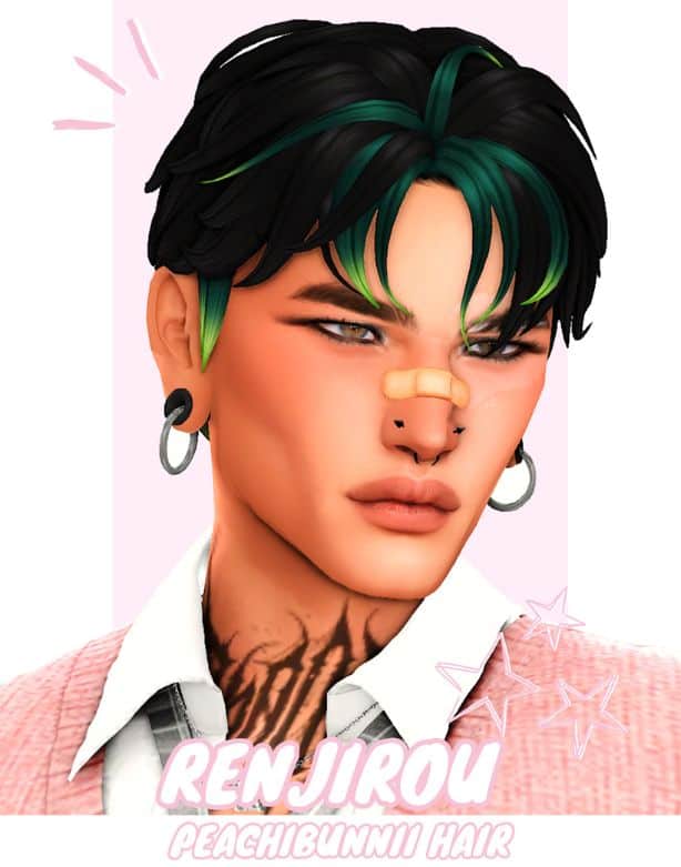 male Sims with a short, layered haircut with green tips