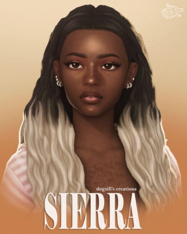 black female Sim with long curly hair with white ombre ends
