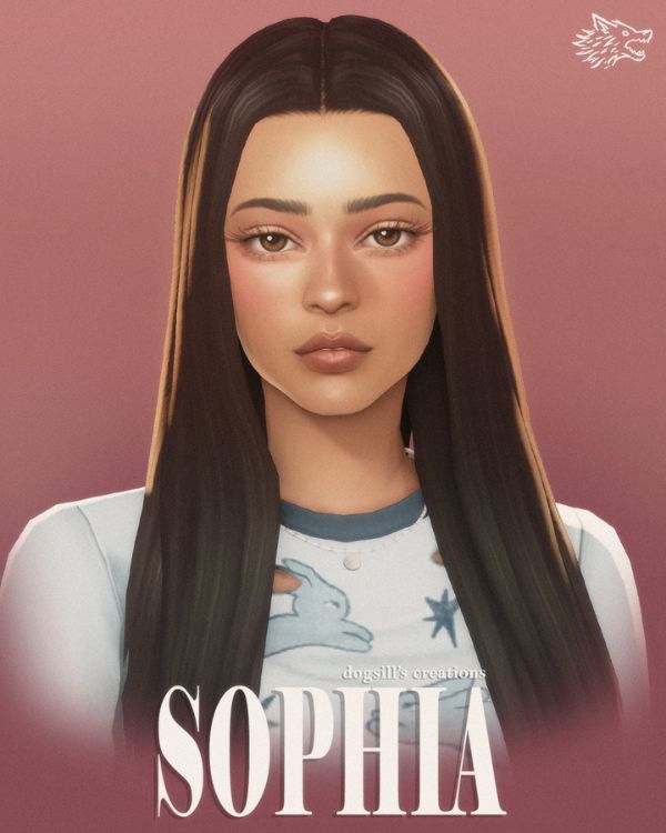 female Sim with a long, straight hairstyle with a middle mart