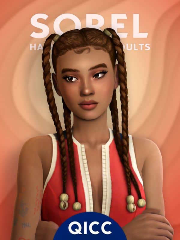 black female Sim with a four long braided pigtails with styled edges
