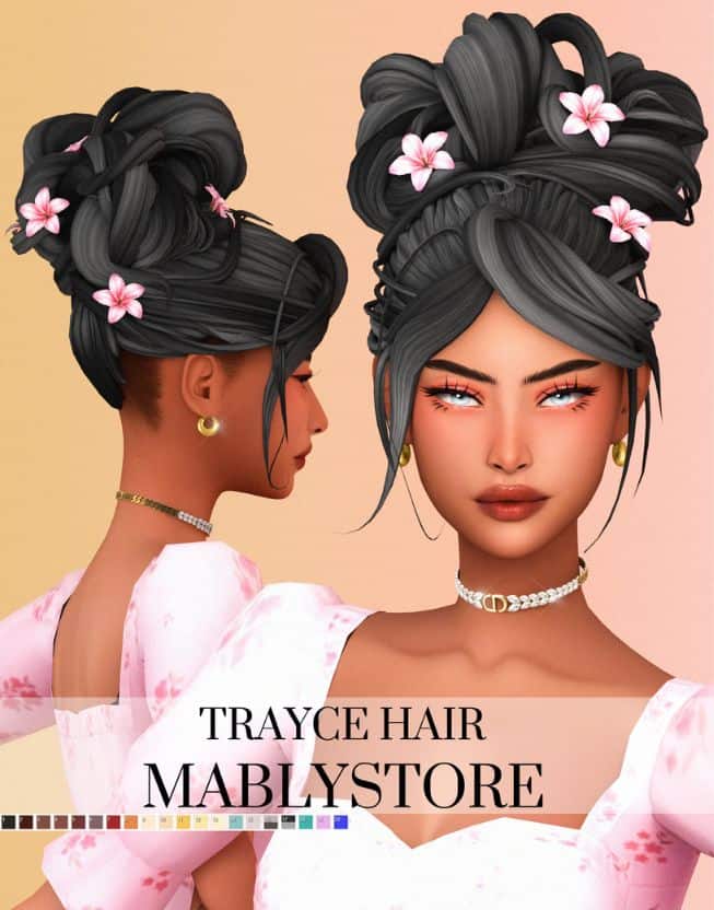 female Sim with a intricate updo hairstyle with flowers