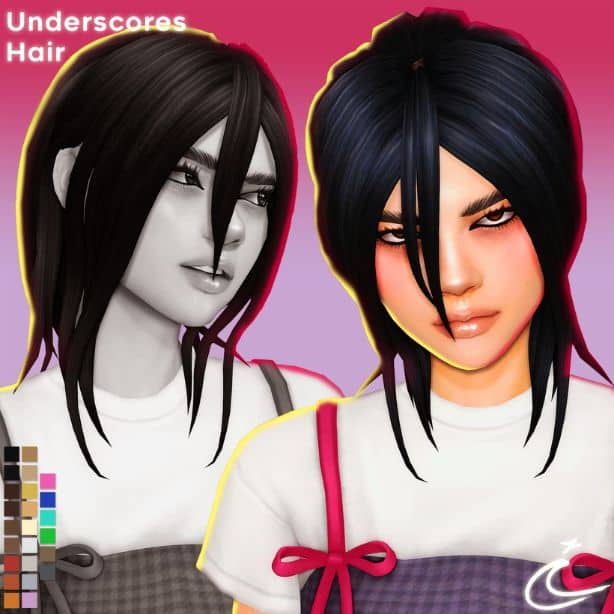 female Sim with a layered hairstyle with a long center bang