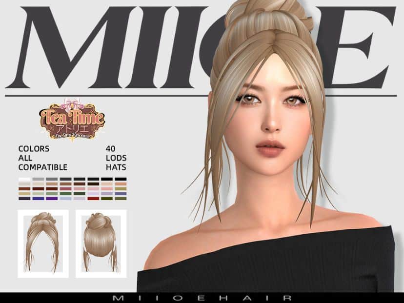 female Sim with a updo hairstyle and long, straight face-framing strands