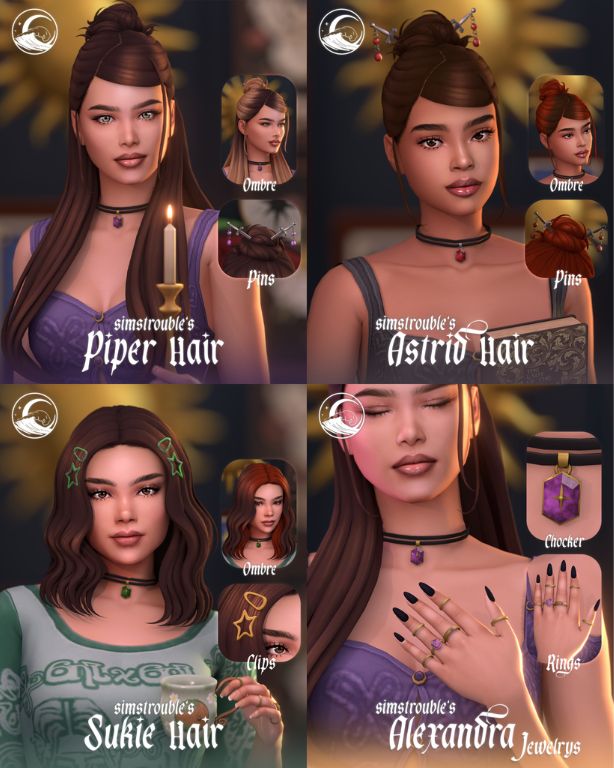 female Sims with different hairstyles and jewelry pieces