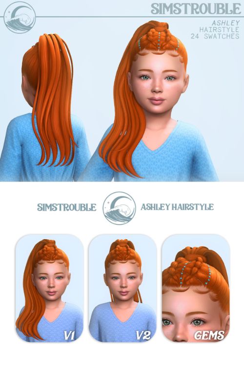redhead female child Sim with a high ponytail with a tied top section and baby hairs along the front