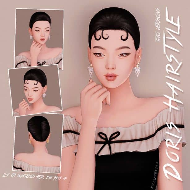 female Sim with a chic updo and three curly tendrils at the front