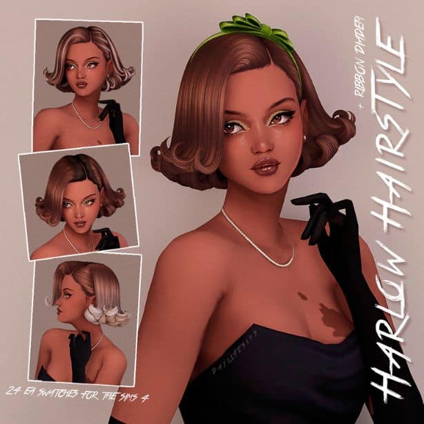 female Sim with a short bob hairstyle with curled up ends