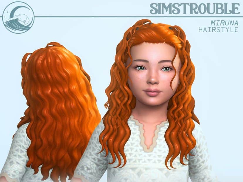 redhead female Sim with long wavy hair and mini ponytails at the top