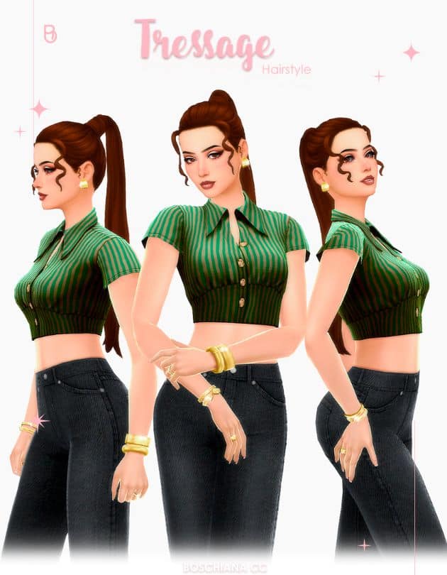 female Sim with a high ponytail shown from different angles