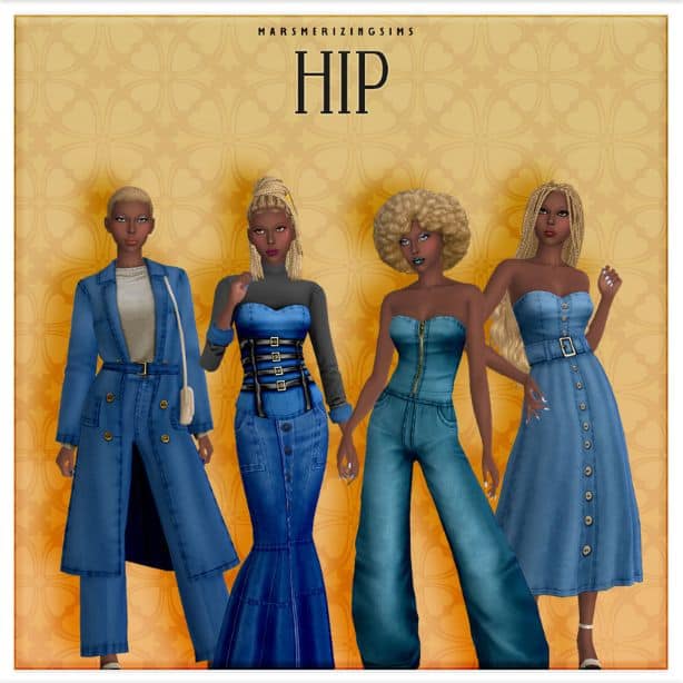 four female Sims wearing denim outfits