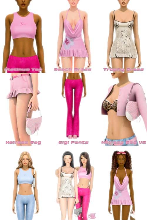 collage of female Sims wearing mixed Y2K clothing
