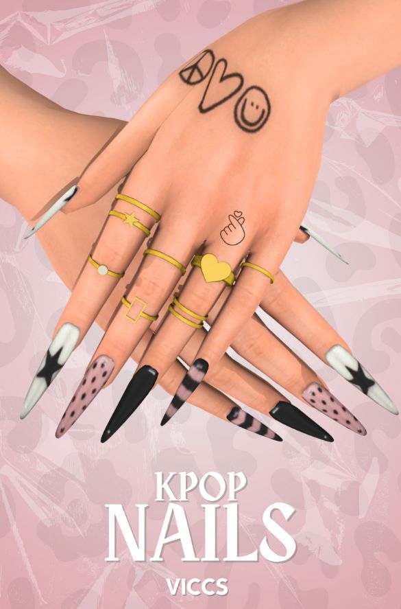 long, K-pop inspired nails in black, white and light pink
