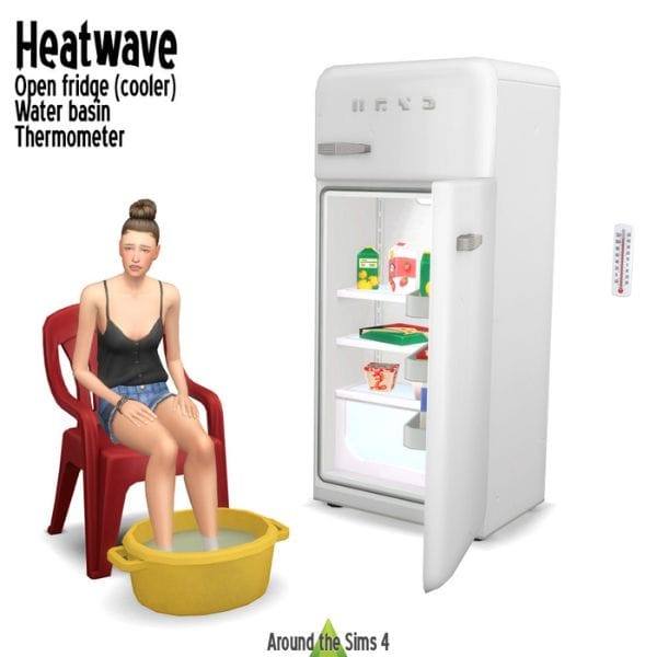 female Sim sitting with her feet in a cold bucket of water by an open fridge