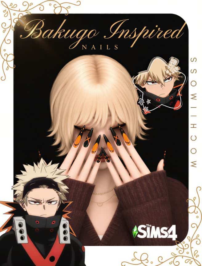 female Sim with black and orange Bakugo inspired nails
