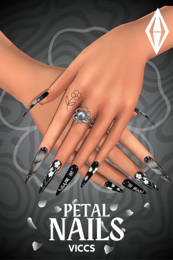 black and, white and grey nails with flower details