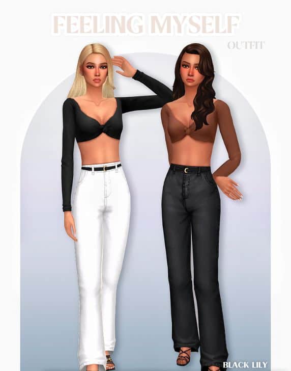 female Sims wearing long-sleeve knotted crop tops and belted pants