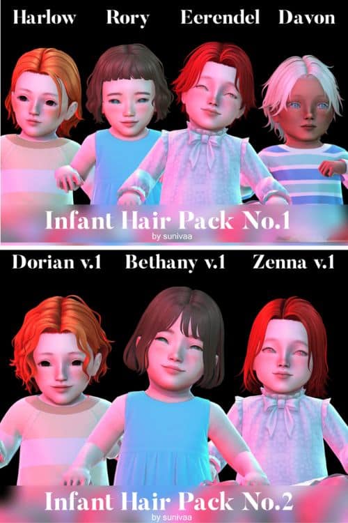 six infant Sims with short hairstyles