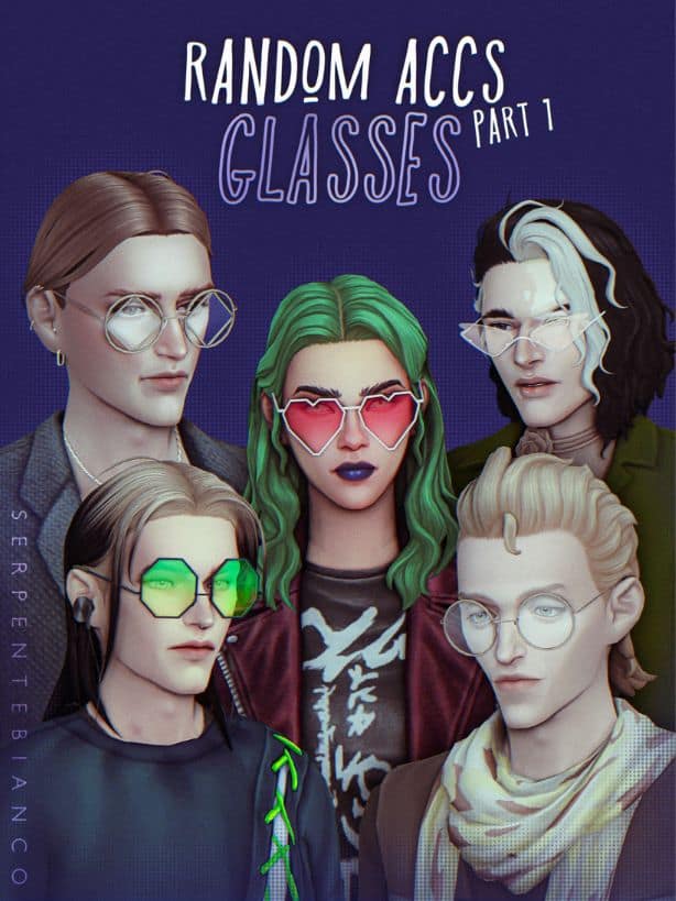 five Sims wearing glasses with unique shapes