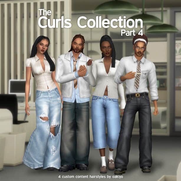 four female Sims with curly and braided hairstyles