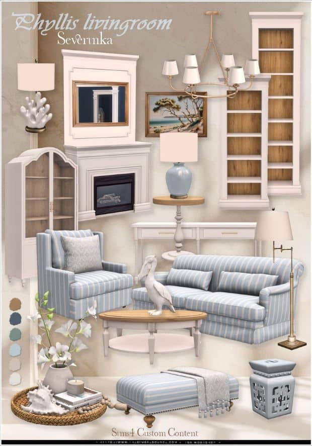 a collage of living room furniture and decor with a Coastal Mediterranean aesthetic