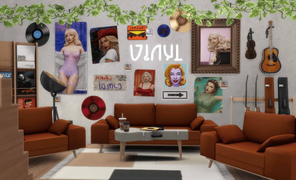 a retro living room with celebrity-themed posters on the wall