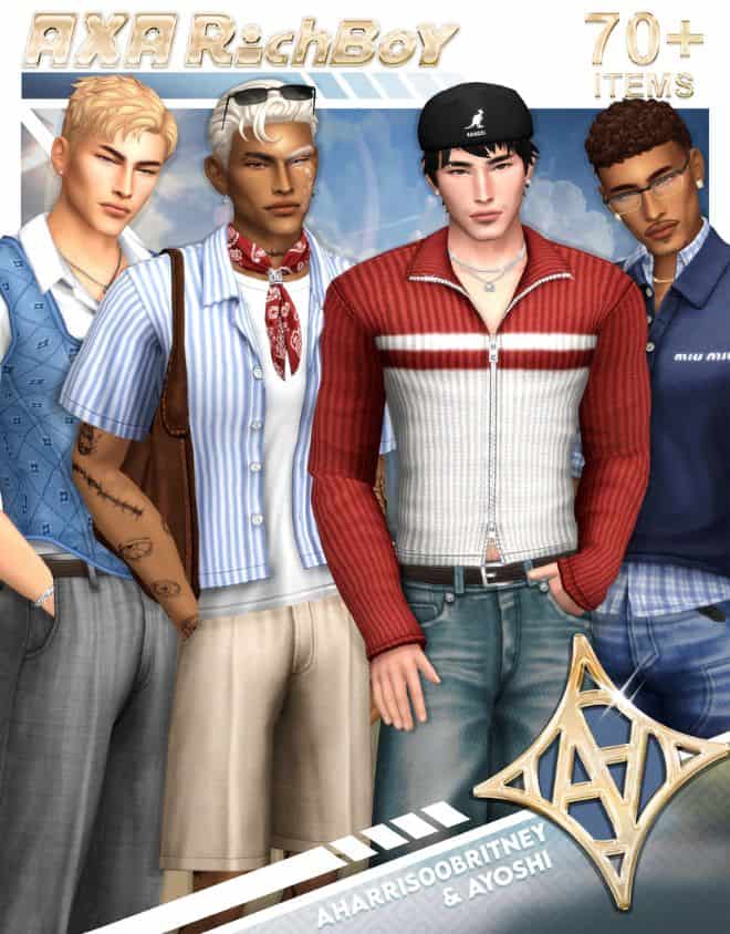four male Sims dressed in casual outfits
