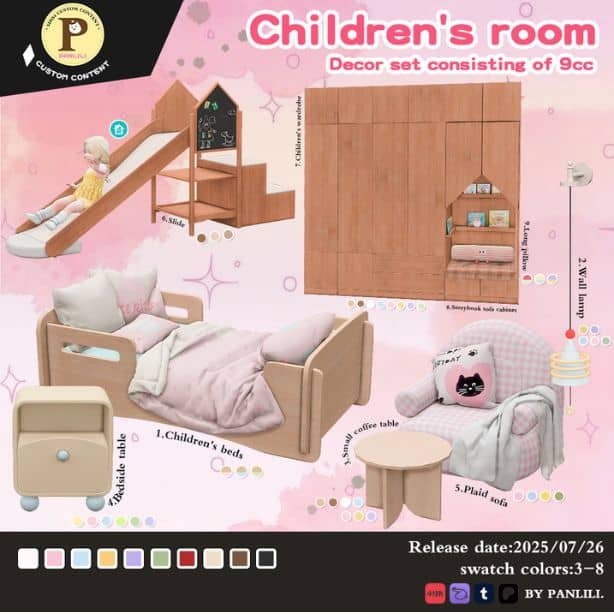 a collage of a children room with a large wooden wardrobe and a slide