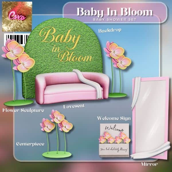 collage of mixed furniture and decor pieces for a baby shower