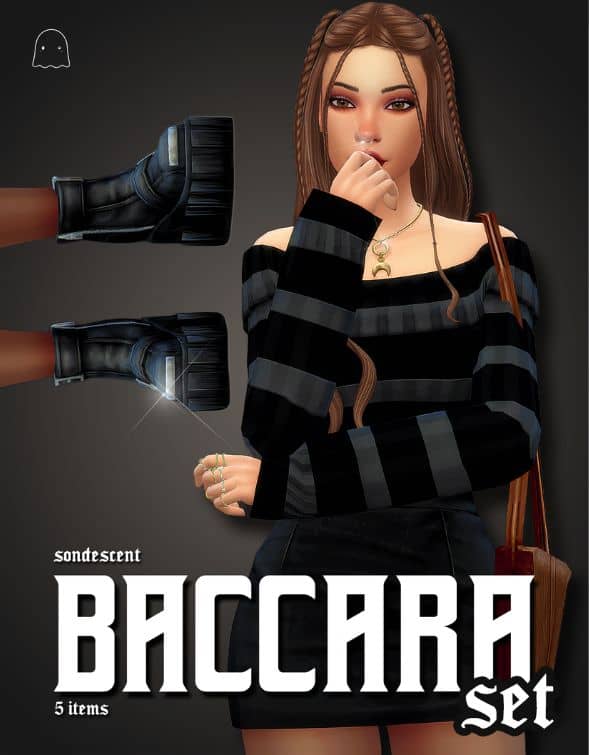 female Sim wearing a dark outfit, a satchel and platform ankle boots