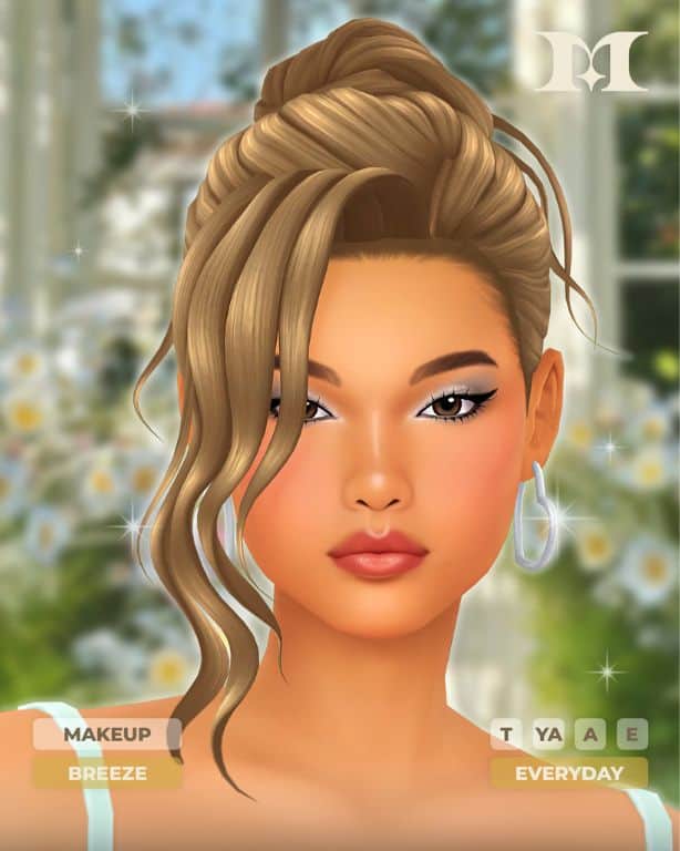 female Sim with frosted eyeshadow, black eyeliner and glossy lipstick
