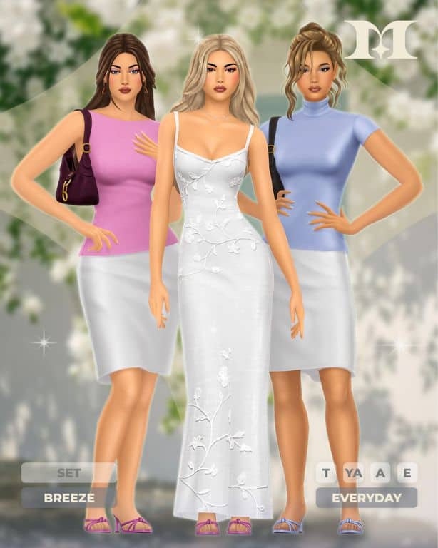 three female Sims wearing tops, skirts and a white dress with flower details