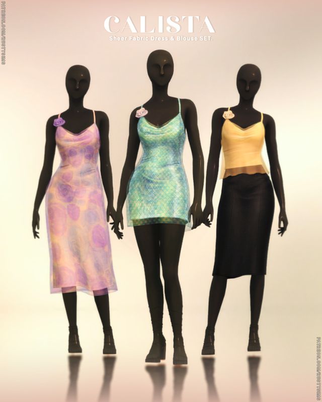 mannequins wearing sheer fabric dresses and blouse
