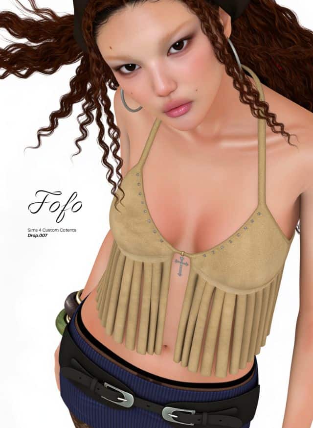 female Sim wearing a fringed halter top, and a double belted mini skirt