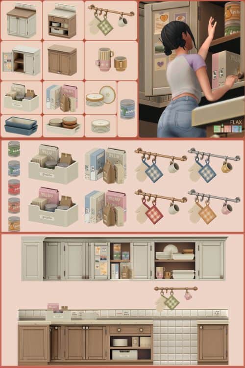 a collage of kitchen cabinets and clutter pieces