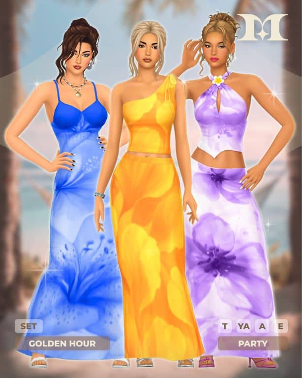 three female Sims wearing summer outfits with large floral motifs