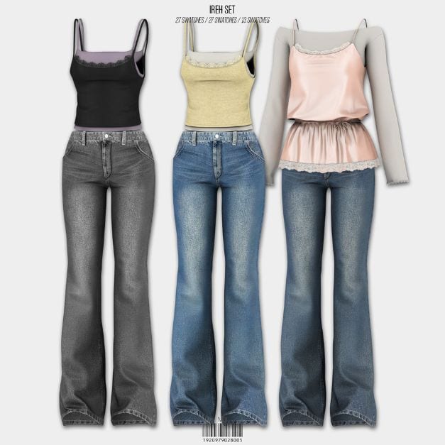 collage of mixed tops and jeans in different swatches