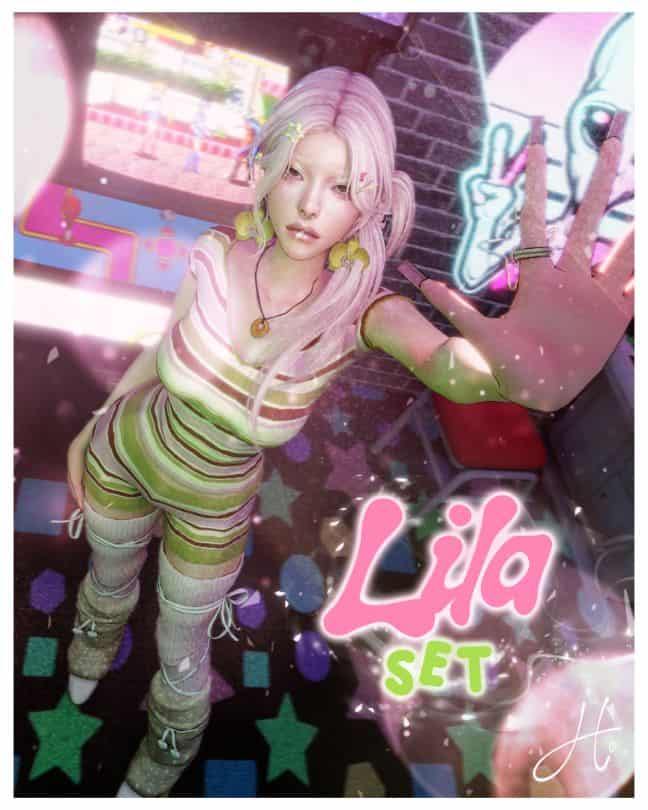 female Sim wearing a striped top and shorts