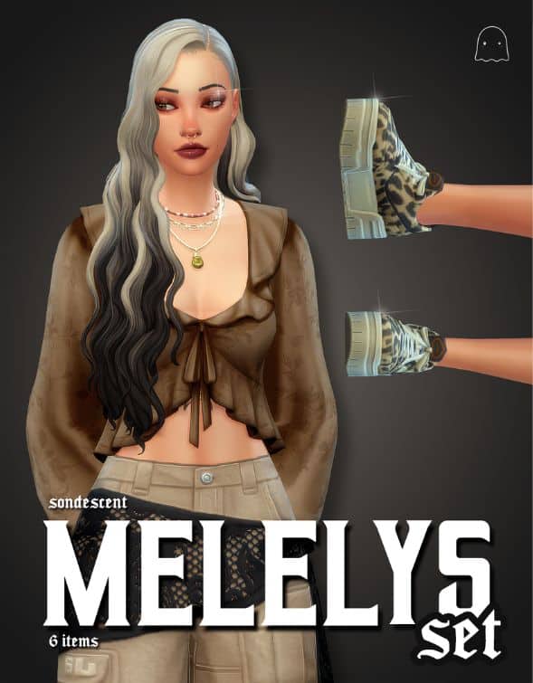 female Sim wearing a flowy crop top, cargo pants and animal-print shoes
