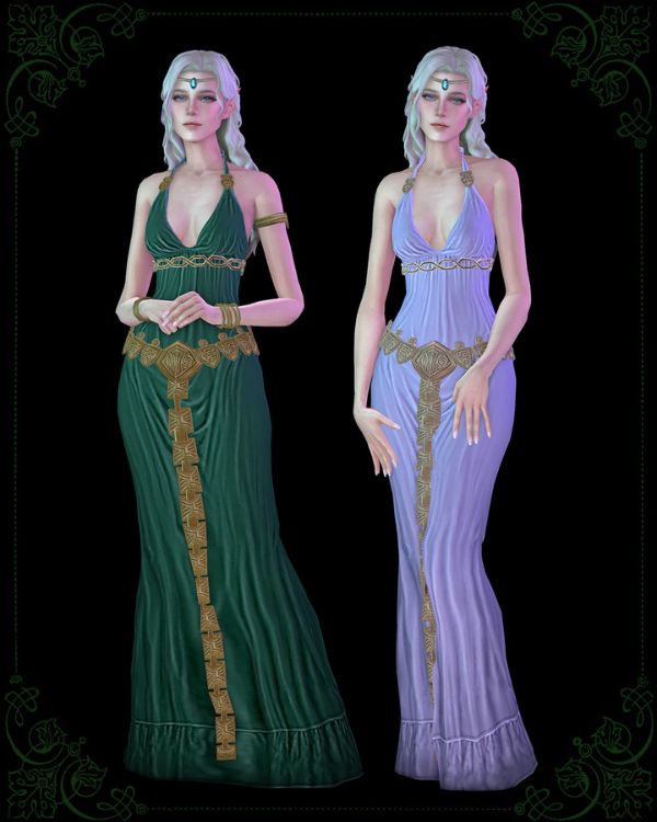 two female Sims wearing fantasy-inspired dresses and tiaras