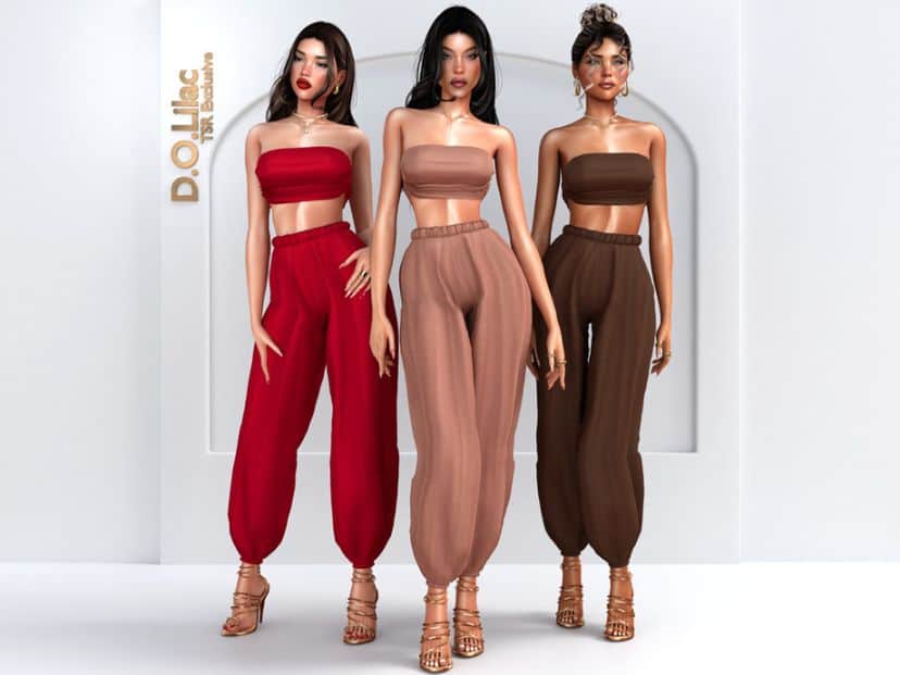 three female Sims wearing chic tube tops and matching harem pants