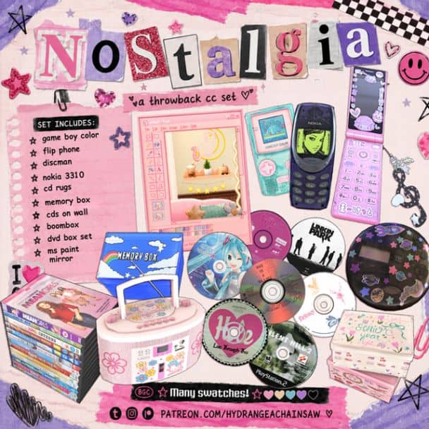 collage of Y2K electronic clutter including a Game Boy, flip phone, Nokia 3310, CDs, Discman, and boombox