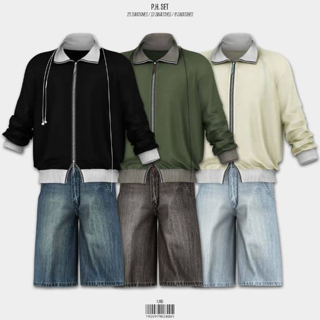 collage of mens zippered tops and denim jeans