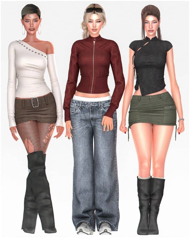 three female Sim wearing modern streetwear outfits