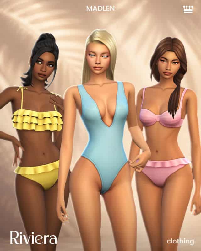 three female Sims wearing cute bikinis and a one-piece swimsuit