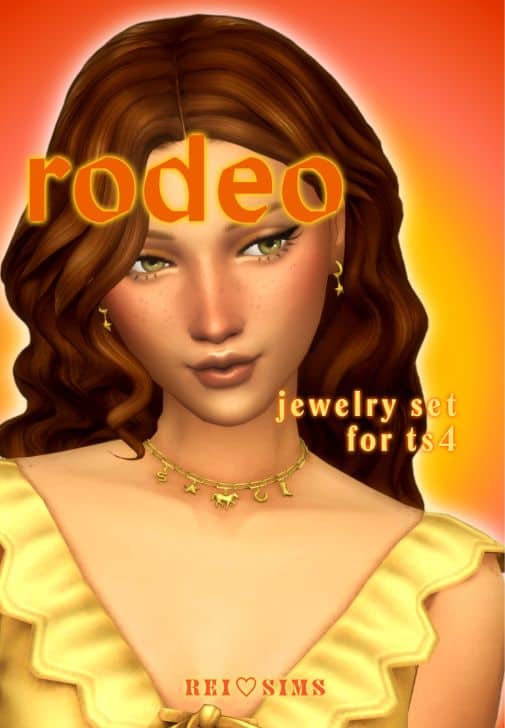 female Sim wearing a gold charm necklace and matching earrings