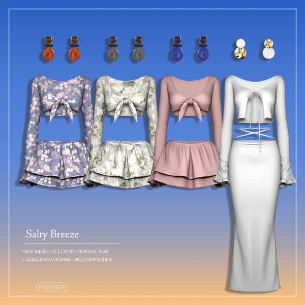 collage of summer crop tops and skirt outfits with drop earrings
