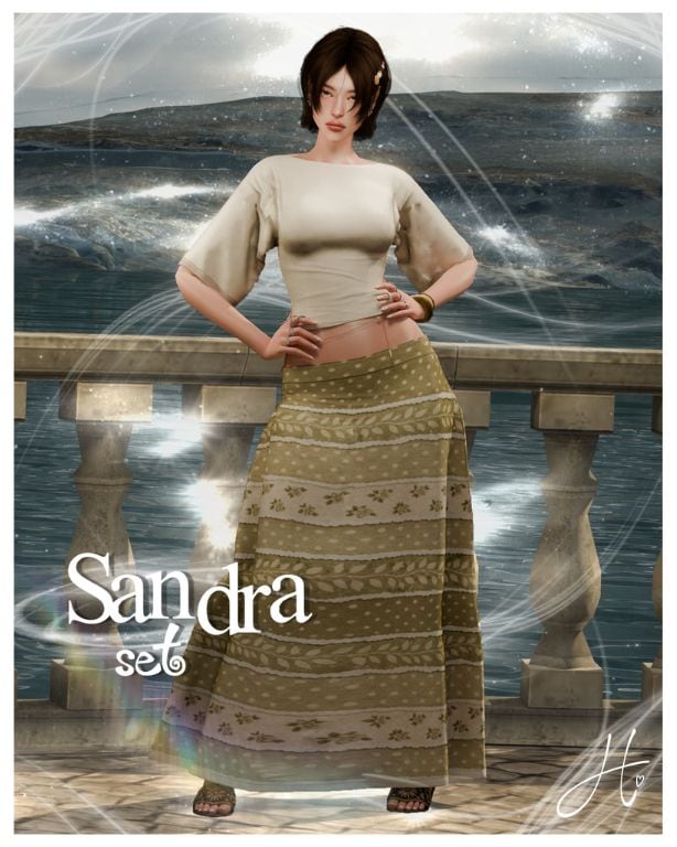 female Sim wearing an elbow-length crop top and a flowy skirt